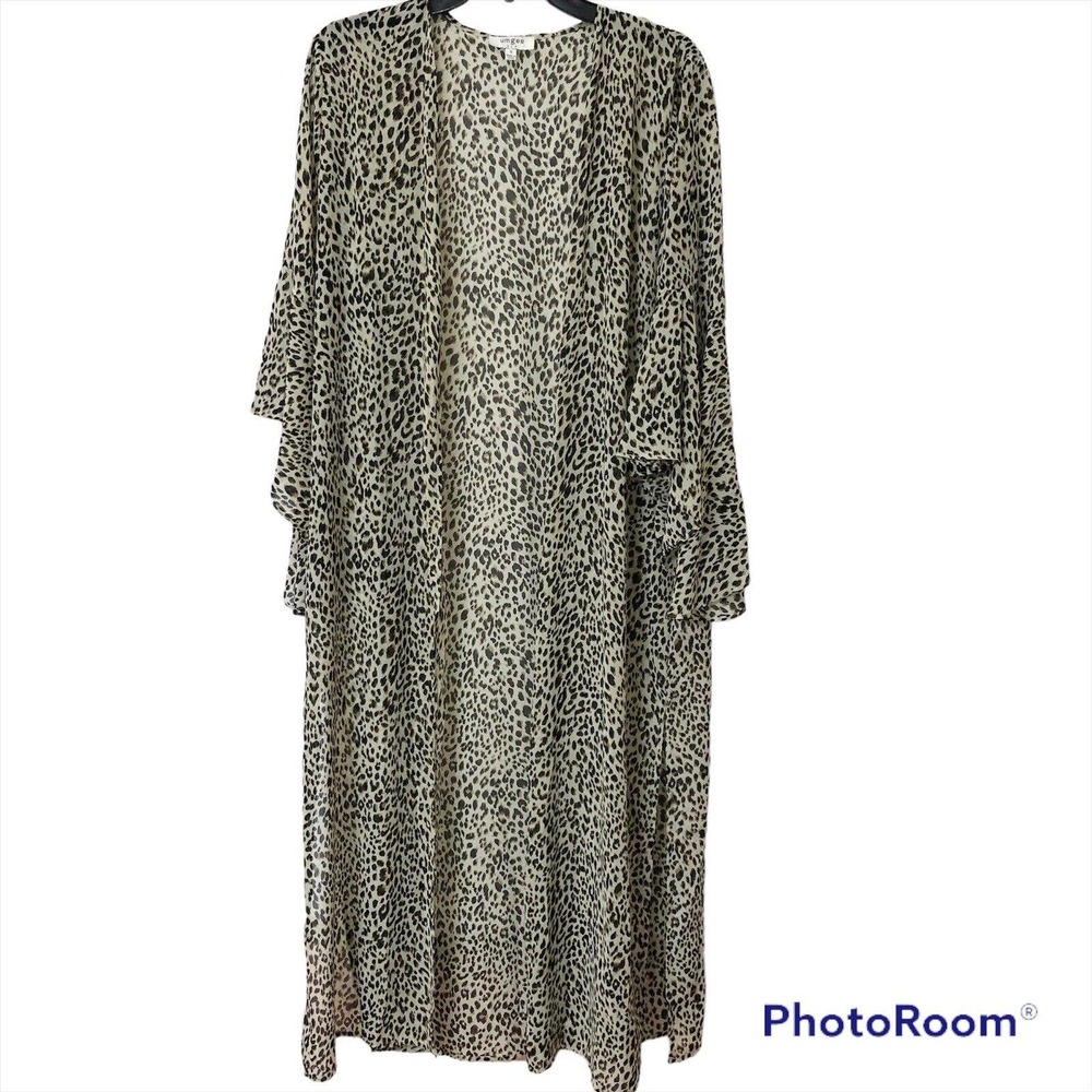 UMGEE Long Kimono Duster Cardigan Open Front Bell Sleeves Boho Leopard Sz Small